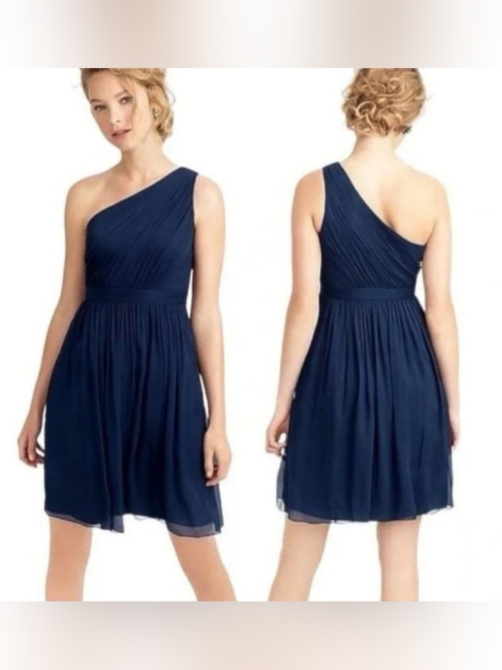 J.Crew 100% Silk One Shoulder Chiffon Dress Navy Blue Petite 8 Cocktail